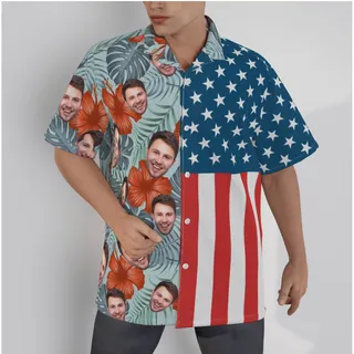 Floral Patriotic Custom Face Blue Hawaiian Shirt