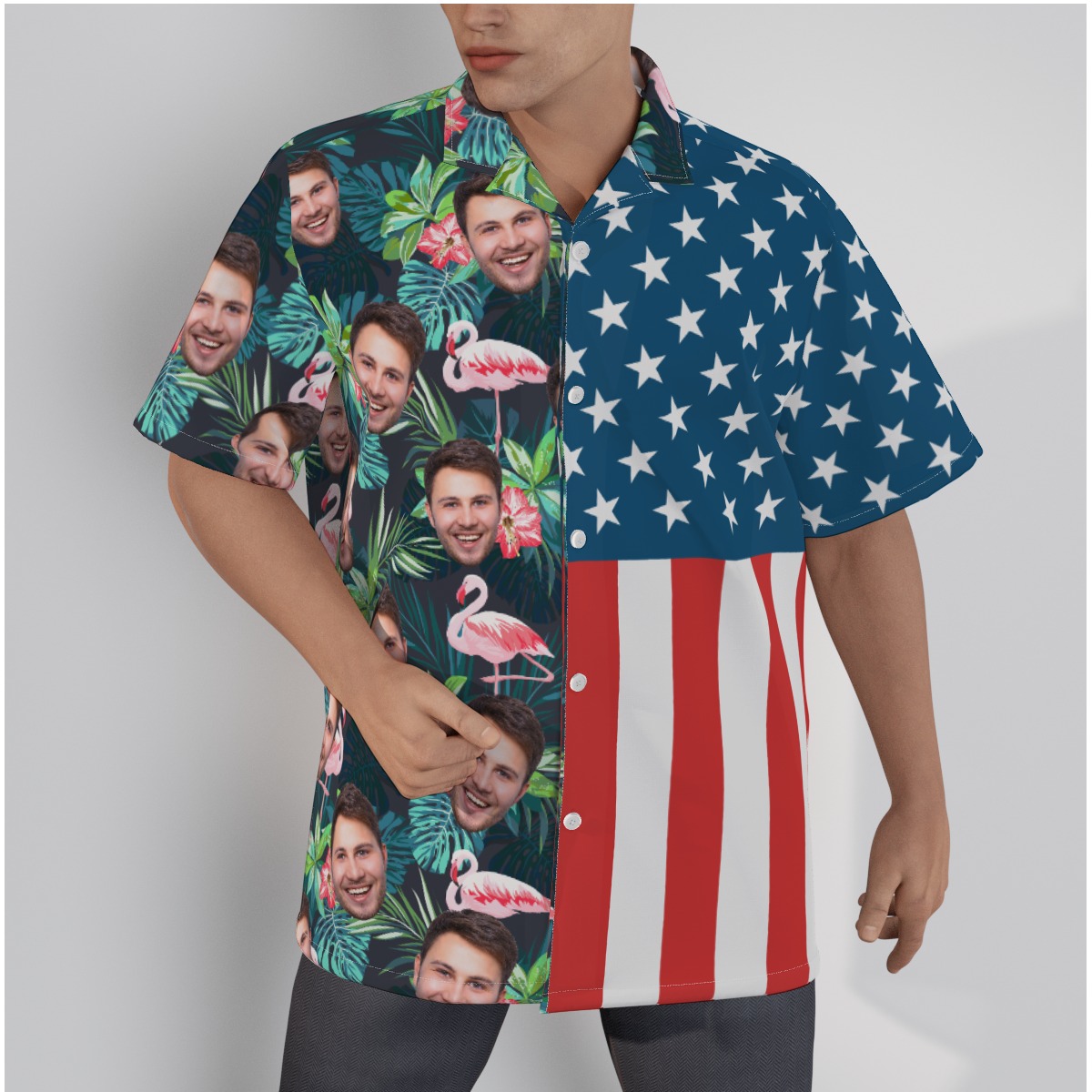 Tropical Flamingo American Flag Custom Face Hawaiian Shirt - variant image 1