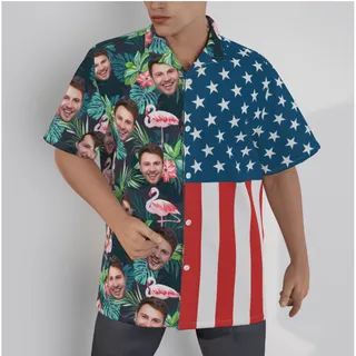 Tropical Flamingo American Flag Custom Face Hawaiian Shirt