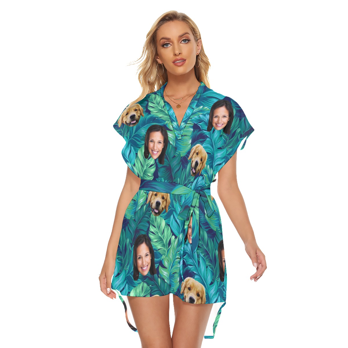 Women's Tropical Customize And Dog Hawaiian Dress With Belt - variant image 1