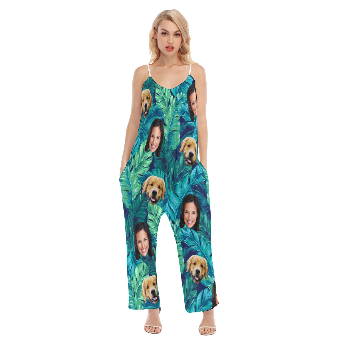 Custom 2 Faces With Dog Tropical Women's Hawaiian Jumpsuit - variant image 1