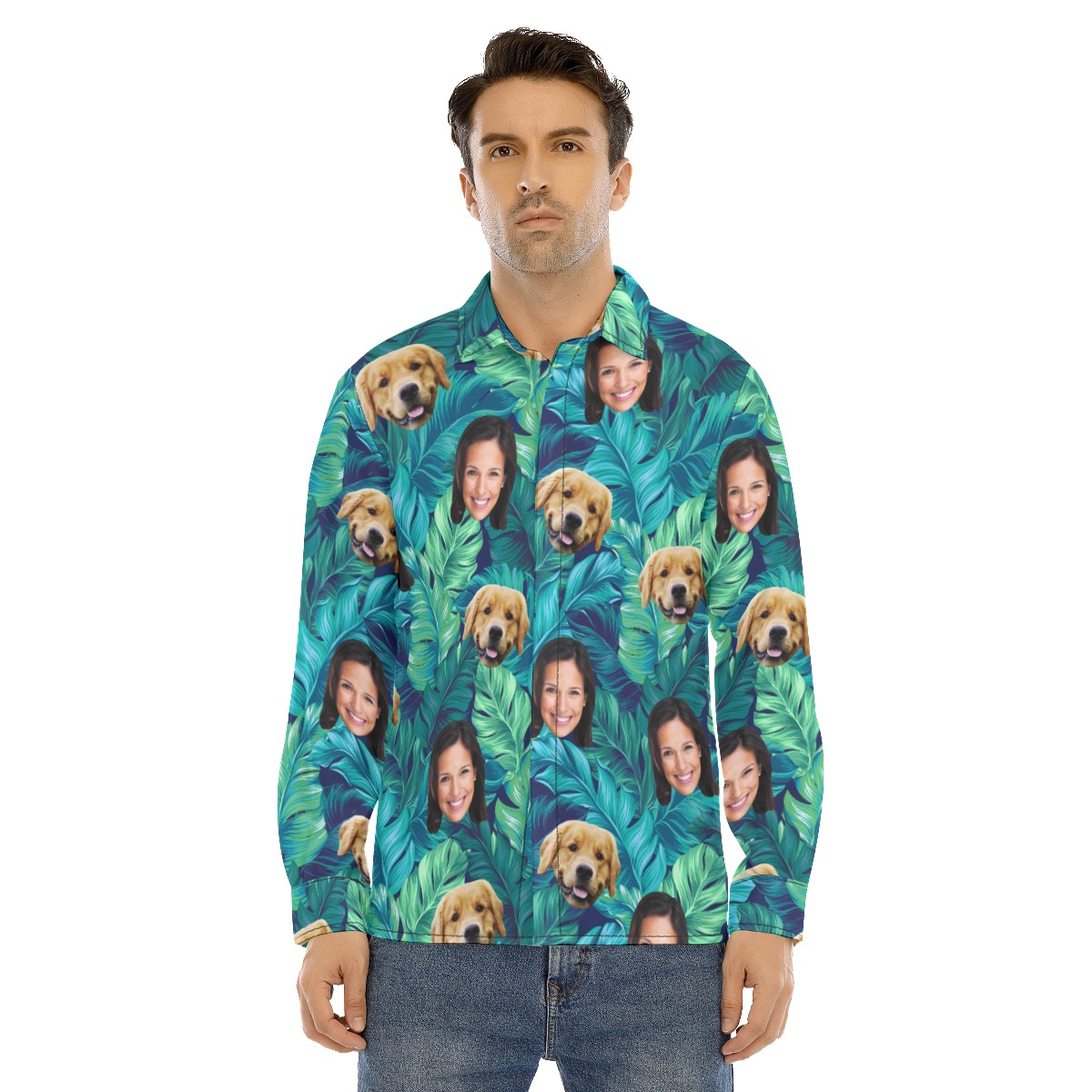 Men's Custom Face And Dog Long Sleeve Hawaiian Shirt - variant image 1