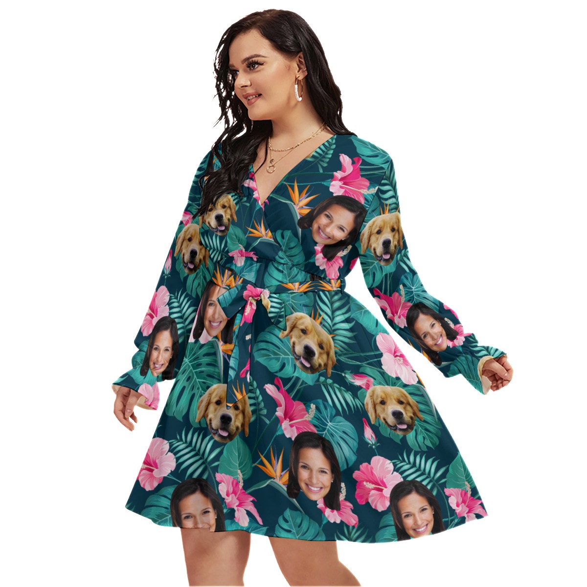 Personalized With Dog Floral Hawaiian V-neck Oversized Dress