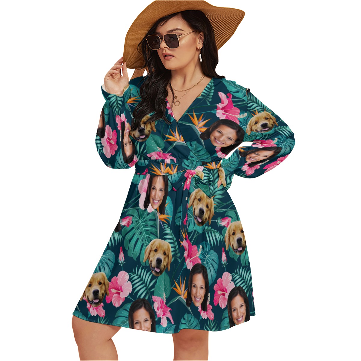 Personalized With Dog Floral Hawaiian V-neck Oversized Dress
