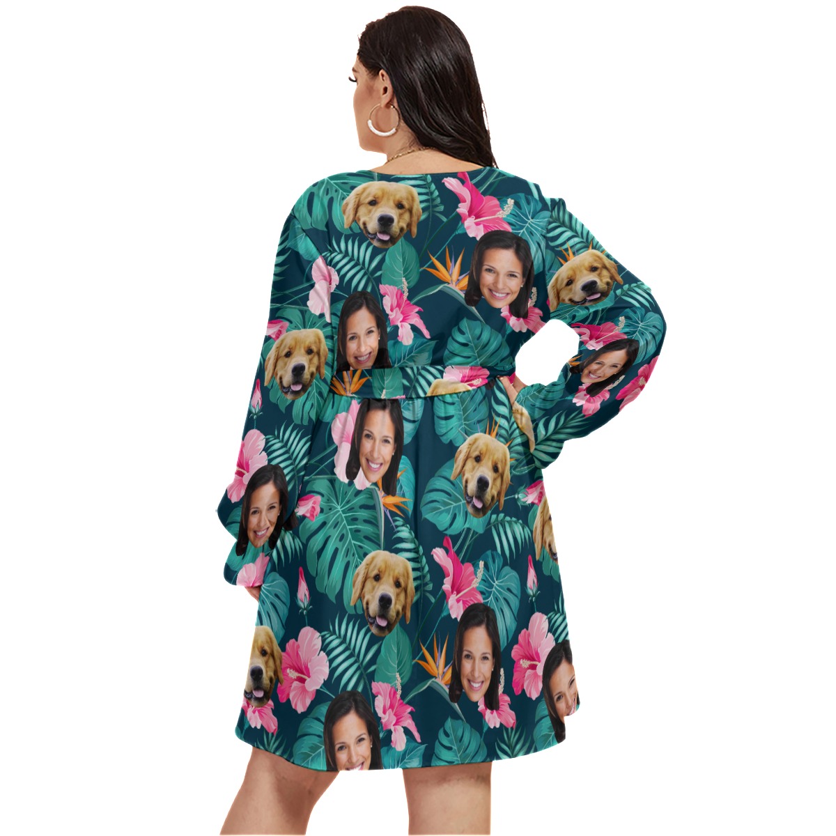 Personalized With Dog Floral Hawaiian V-neck Oversized Dress