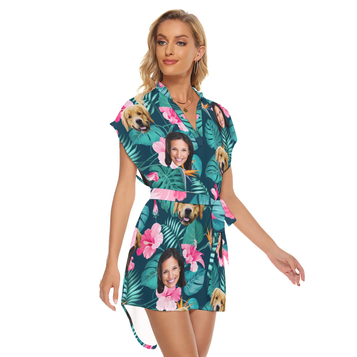 Women's Customize And Dog Floral Hawaiian Dress With Belt