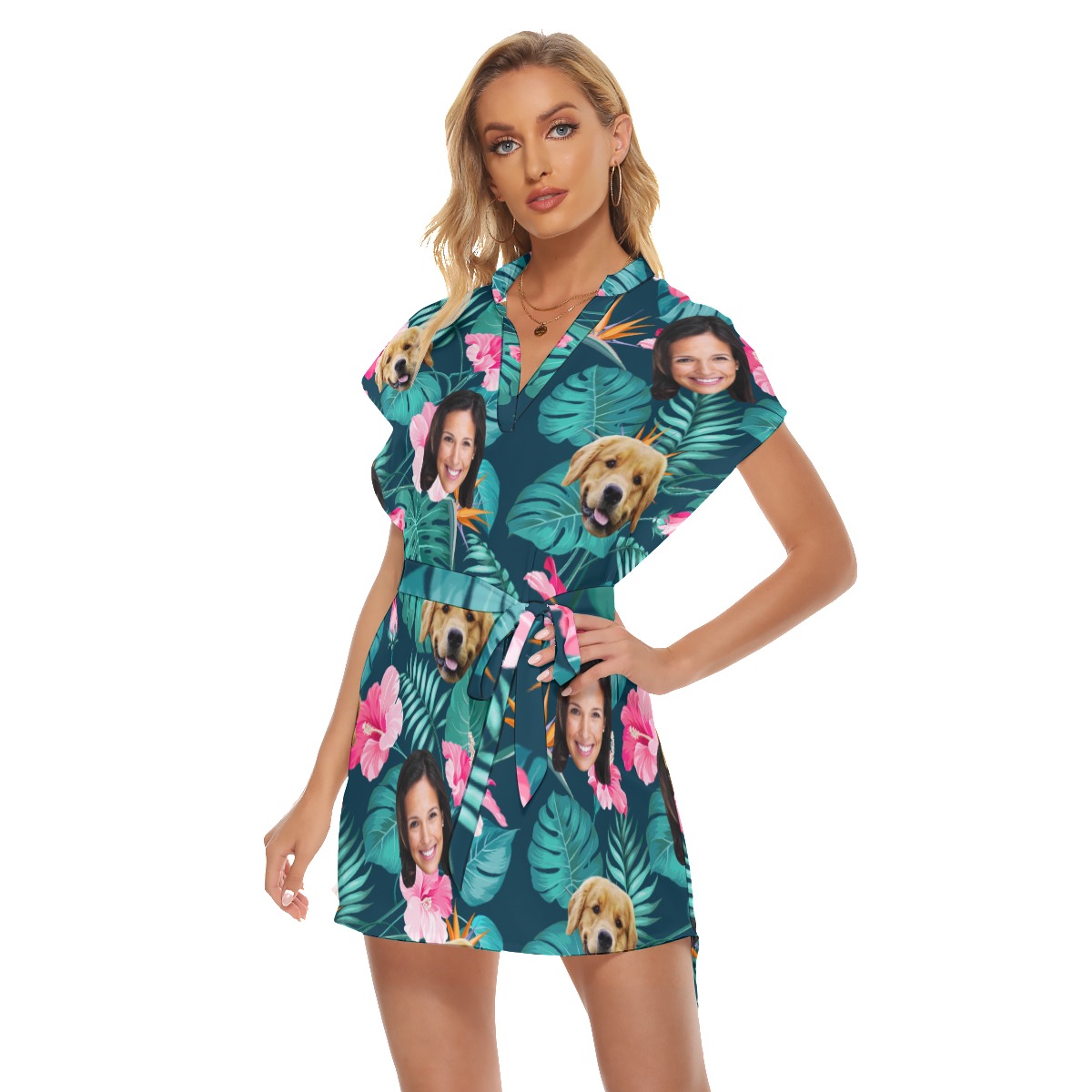 Women's Customize And Dog Floral Hawaiian Dress With Belt