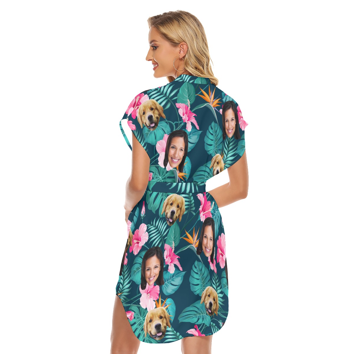 Women's Customize And Dog Floral Hawaiian Dress With Belt