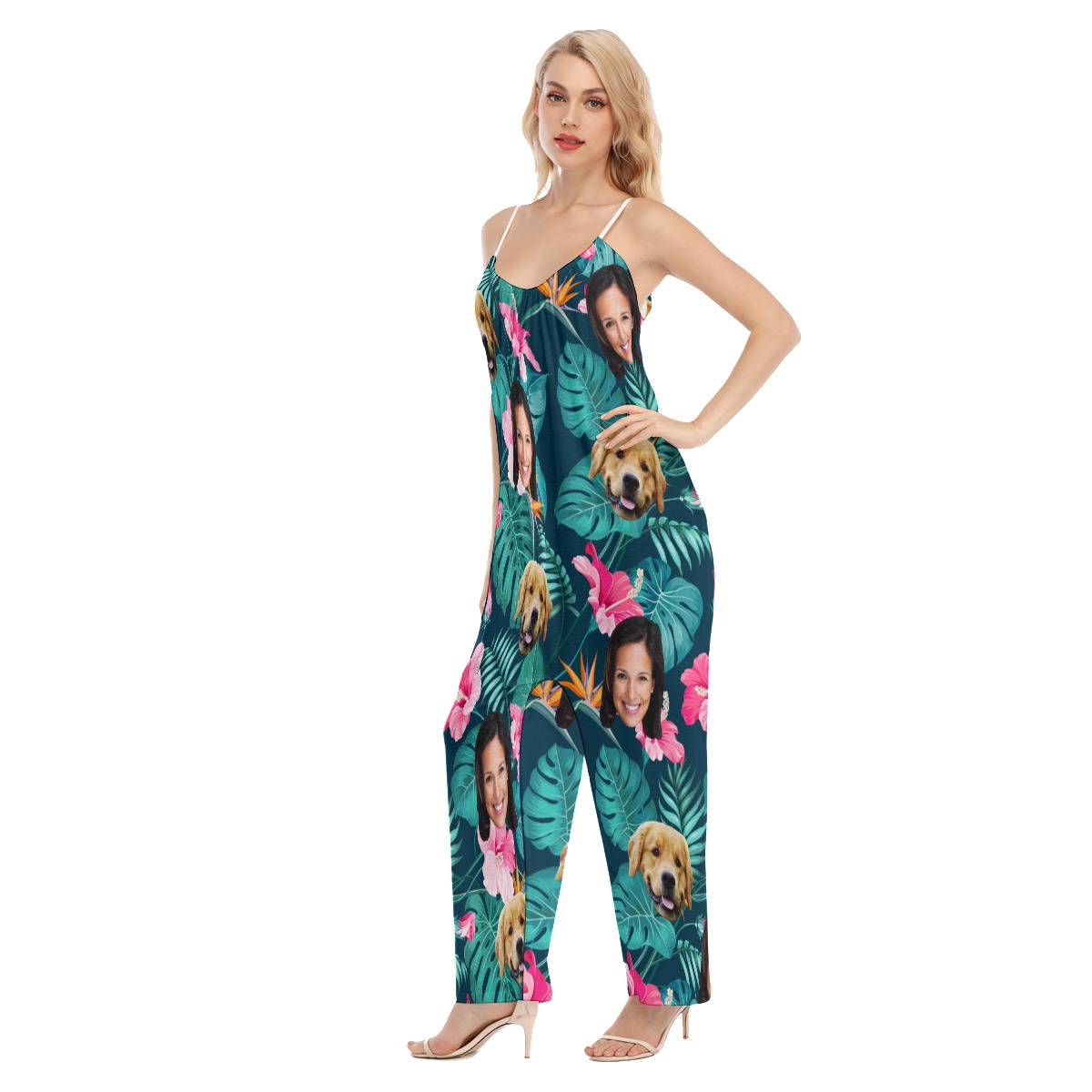 Floral Custom 2 Faces With Dog Women's Hawaiian Jumpsuit