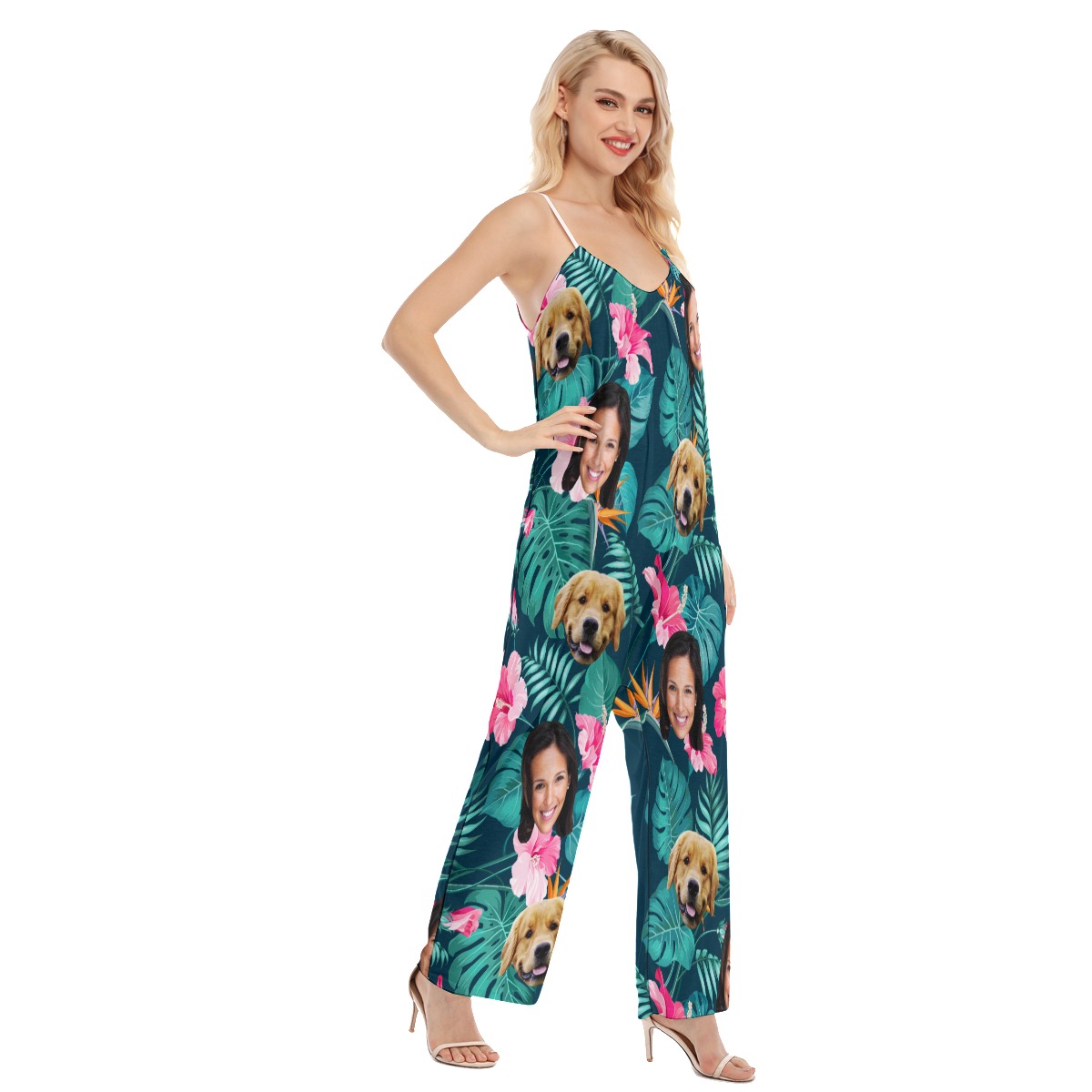 Floral Custom 2 Faces With Dog Women's Hawaiian Jumpsuit