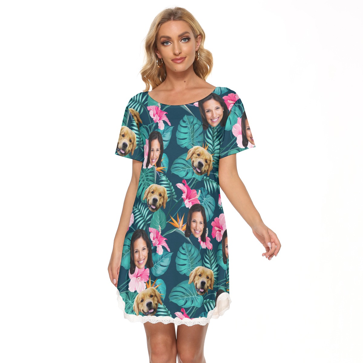 Floral Custom Dog And Owner Hawaiian Lace Dress For Women