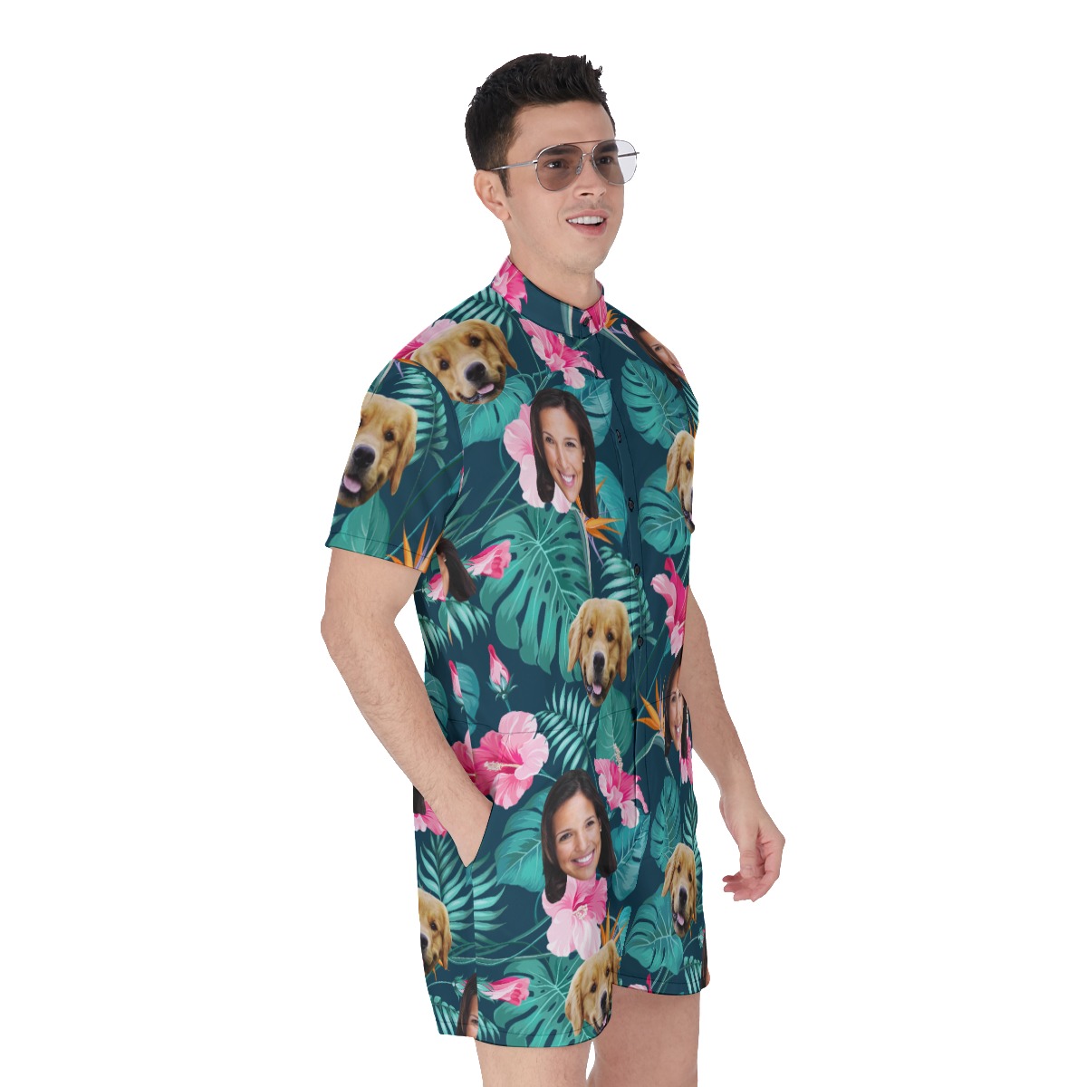 Custom Dog And Owner Face Floral Hawaiian Romper For Men