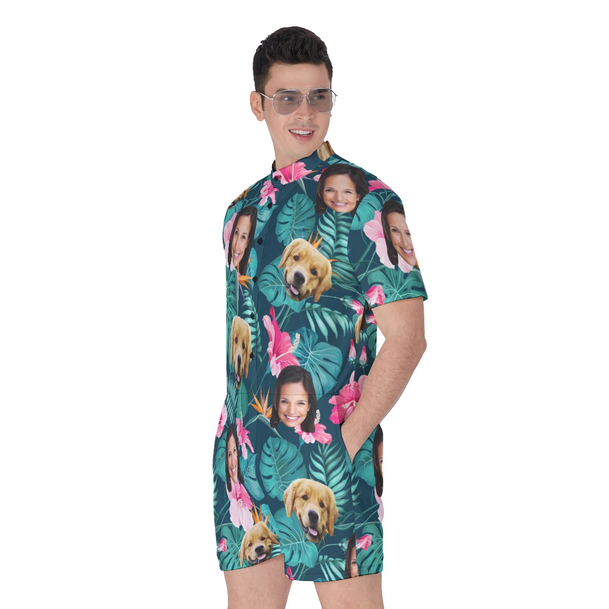 Custom Dog And Owner Face Floral Hawaiian Romper For Men