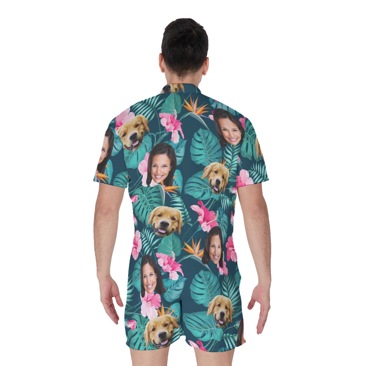Custom Dog And Owner Face Floral Hawaiian Romper For Men