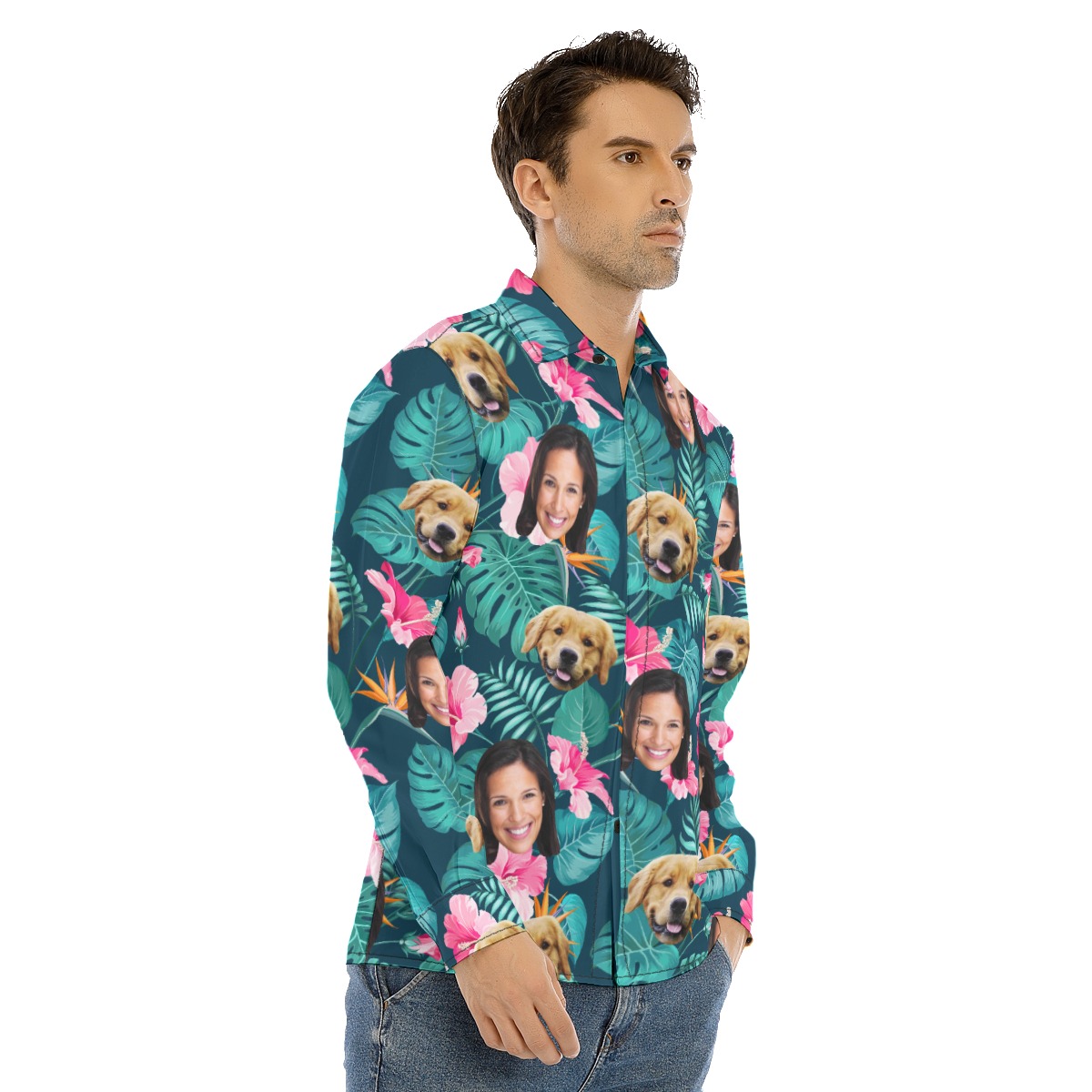 Men's Custom Face And Dog Floral Long Sleeve Hawaiian Shirt