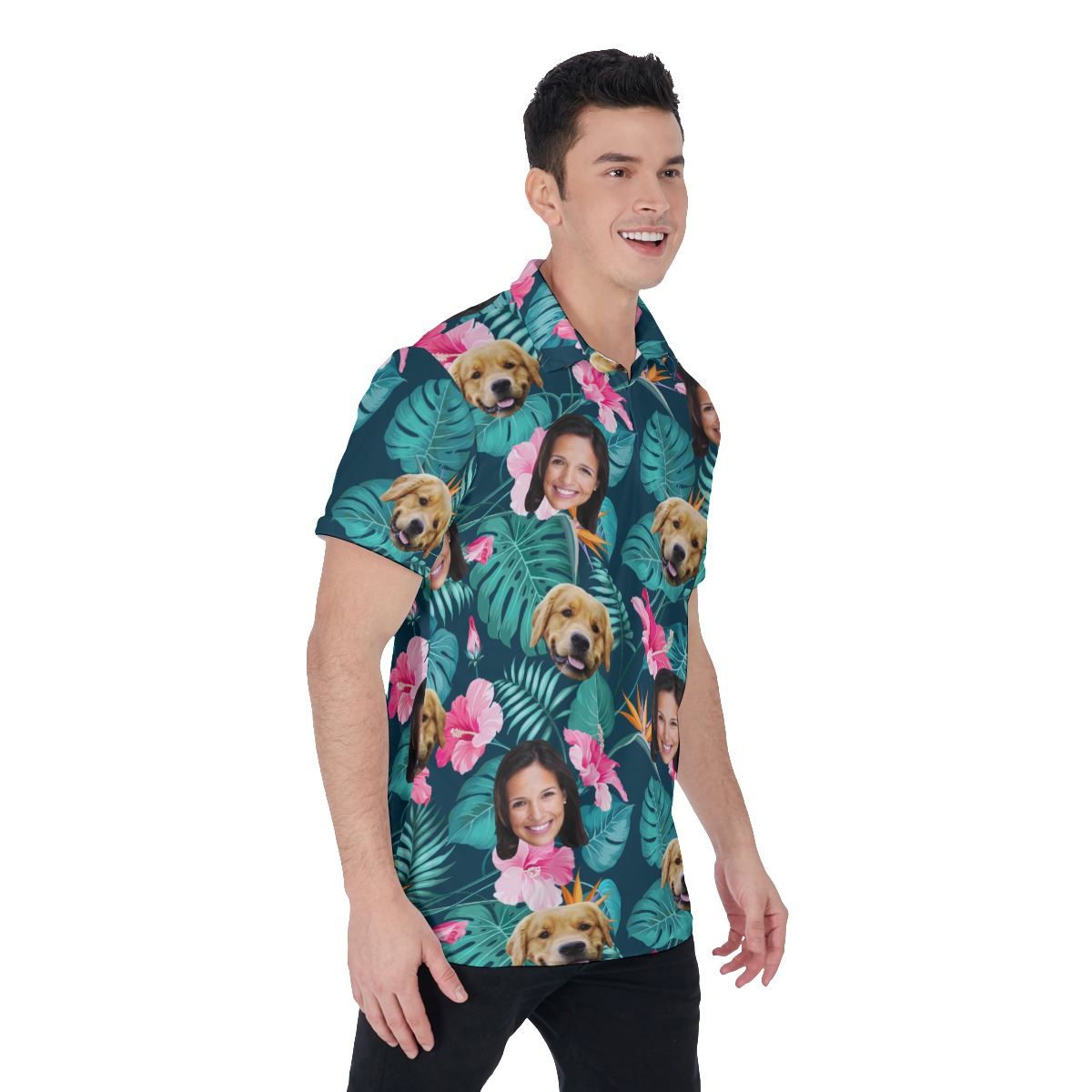 Custom Face And Dog Floral Polo Hawaiian Shirt For Men