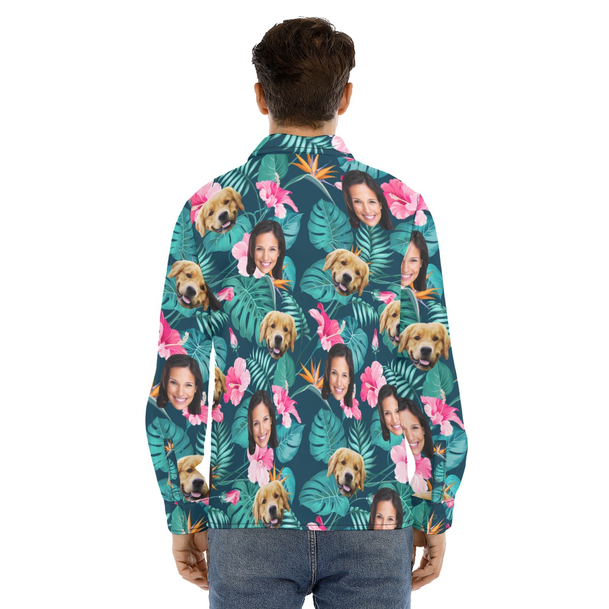 Men's Custom Face And Dog Floral Long Sleeve Hawaiian Shirt