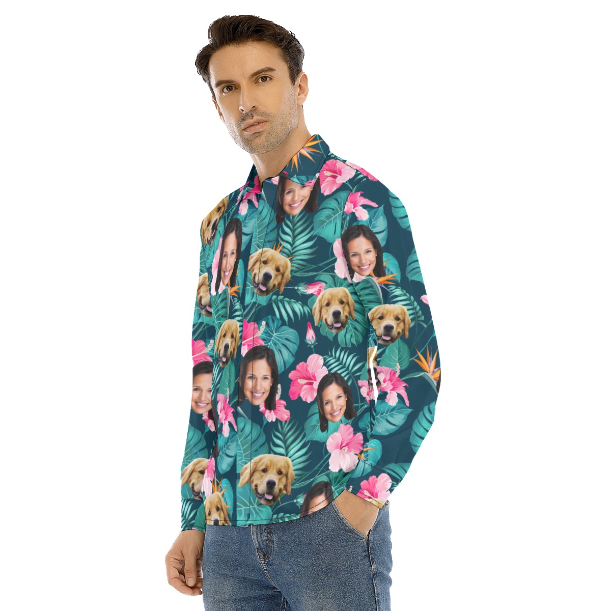 Men's Custom Face And Dog Floral Long Sleeve Hawaiian Shirt