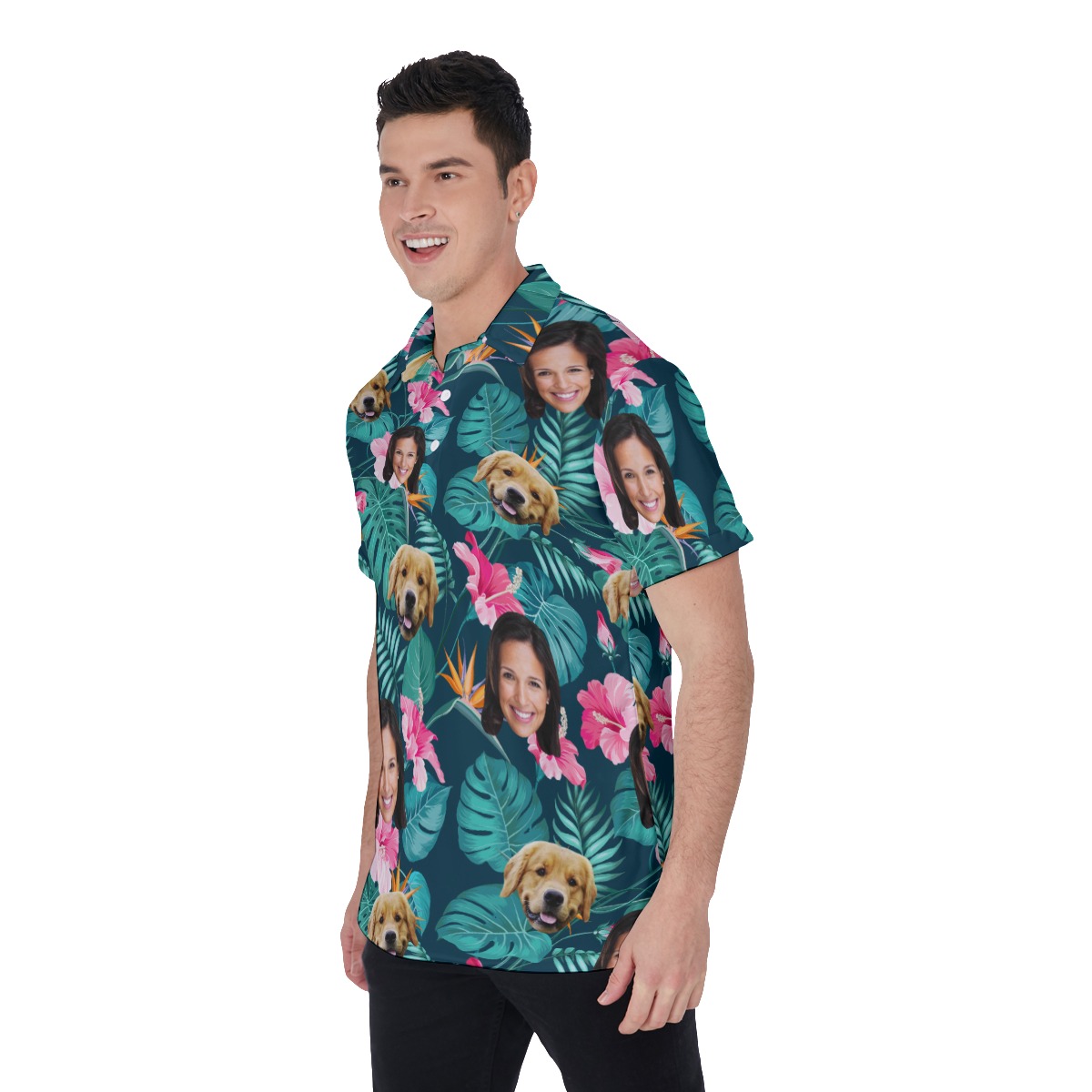 Custom Face And Dog Floral Polo Hawaiian Shirt For Men