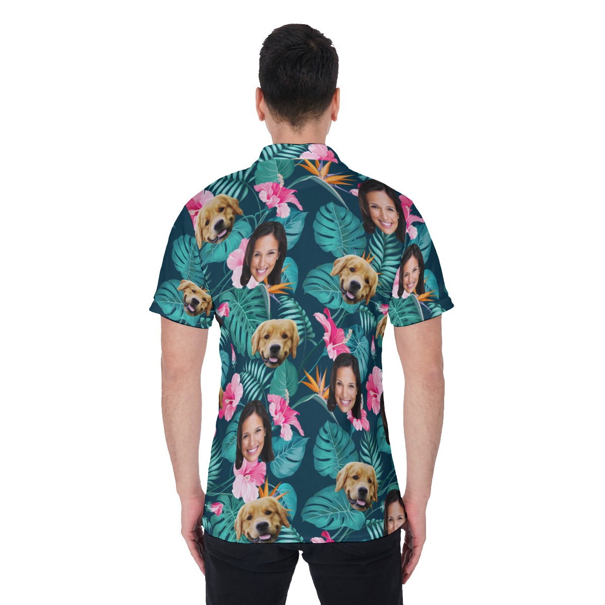 Custom Face And Dog Floral Polo Hawaiian Shirt For Men