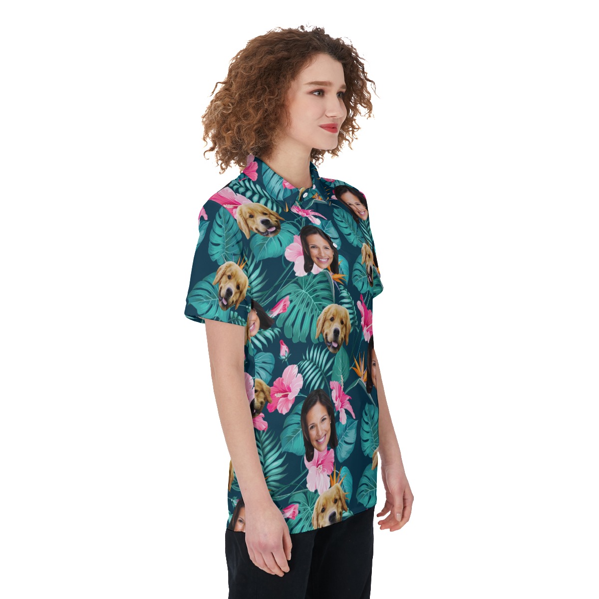 Women's Custom Face Floral Polo Hawaiian Shirt With Dog Face