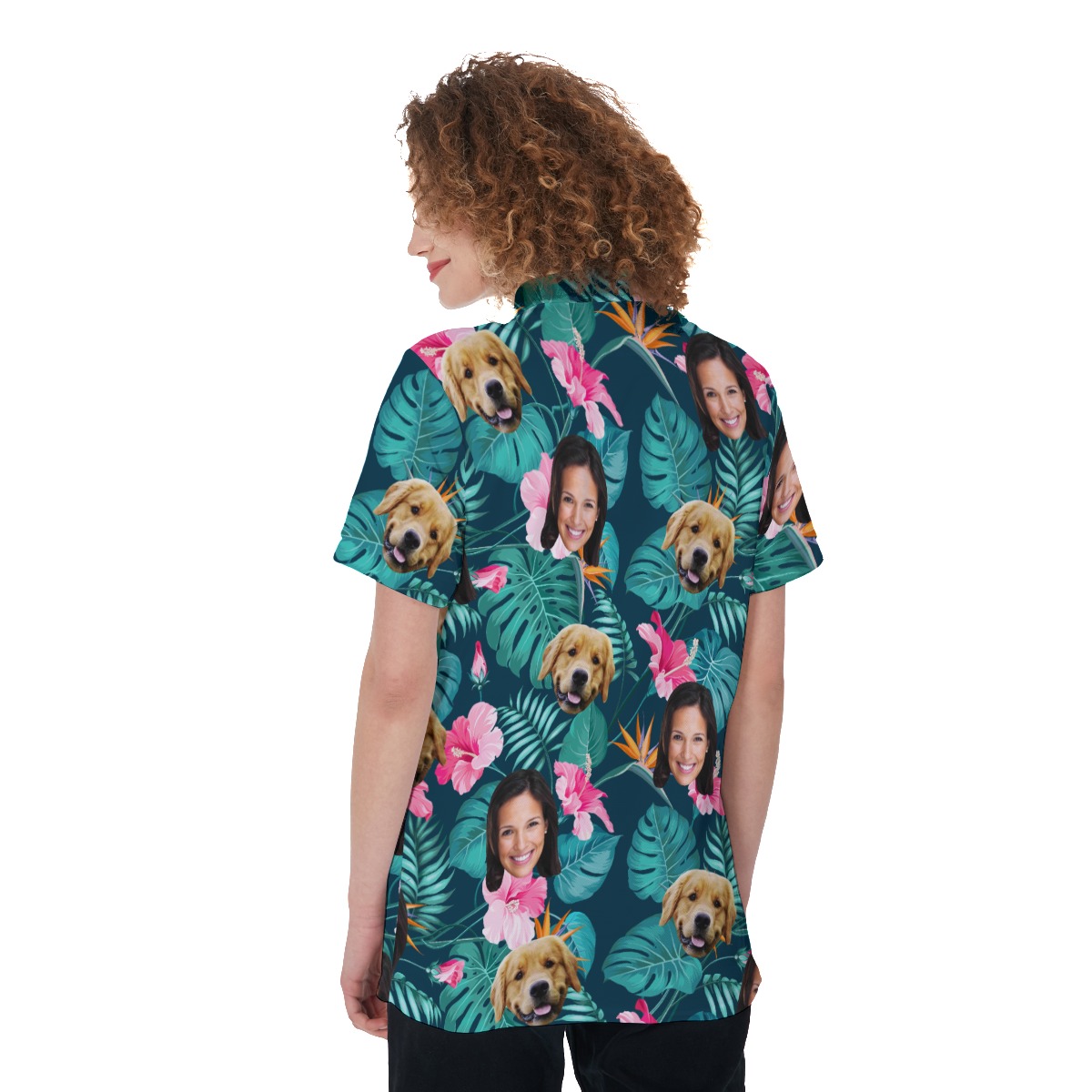 Women's Custom Face Floral Polo Hawaiian Shirt With Dog Face