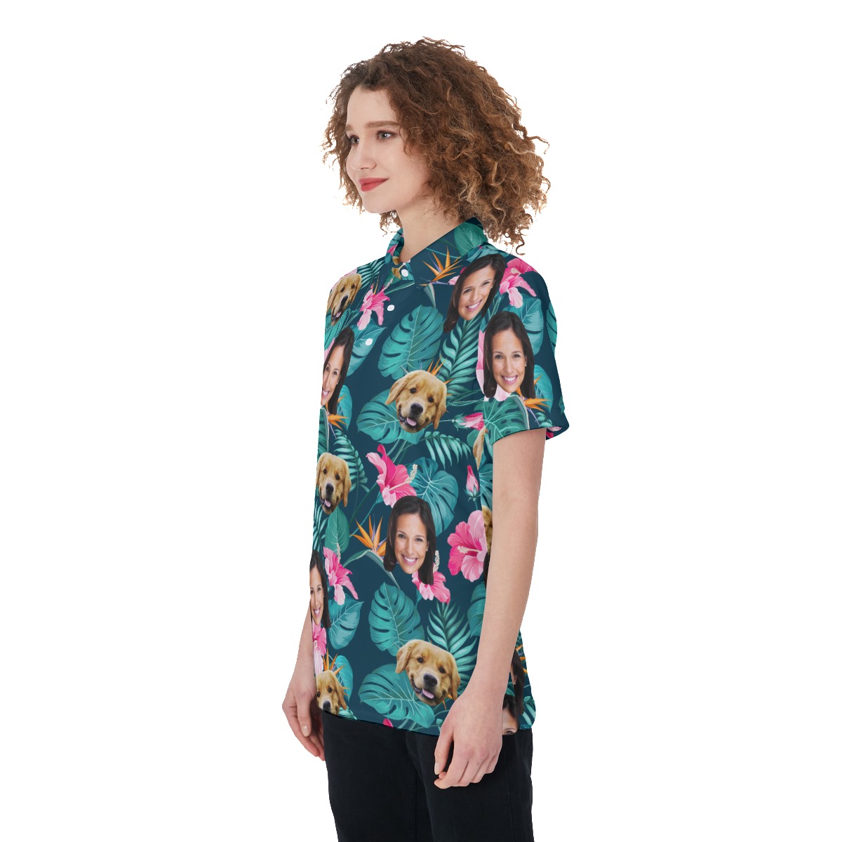 Women's Custom Face Floral Polo Hawaiian Shirt With Dog Face