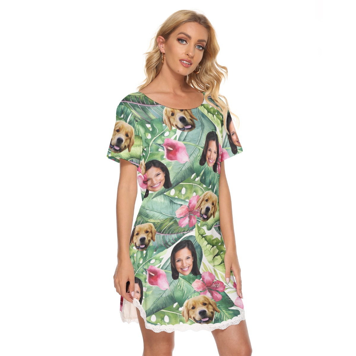 Tropical Custom Dog And Owner Hawaiian Lace Dress For Women