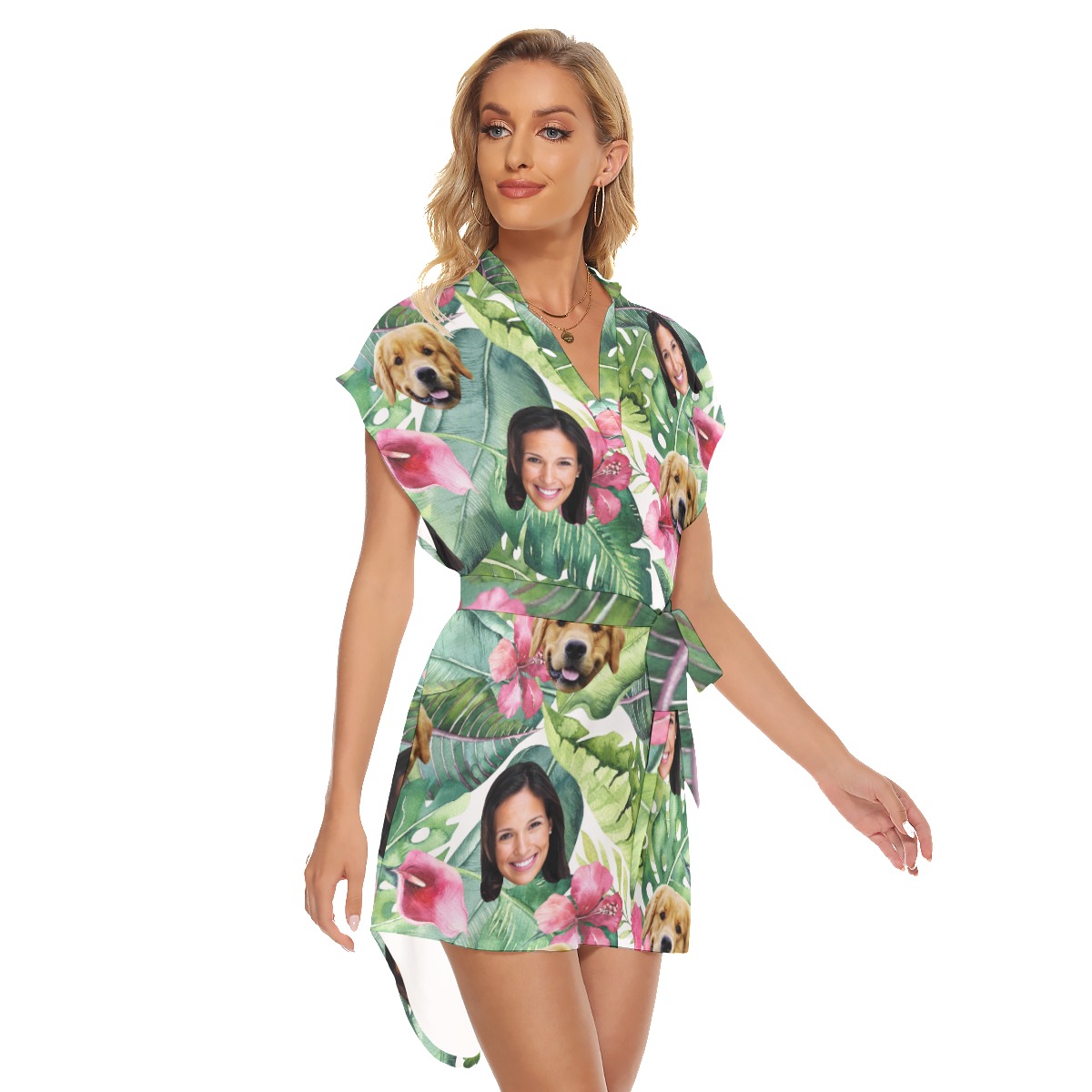 Women's Customize And Dog Tropical Hawaiian Dress With Belt