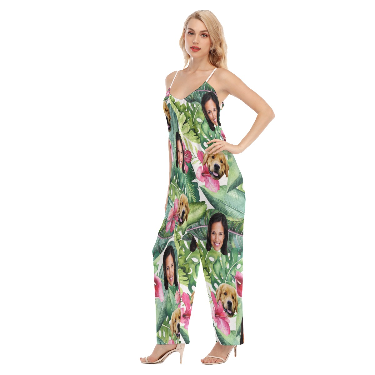 Tropical Custom 2 Faces With Dog Women's Hawaiian Jumpsuit