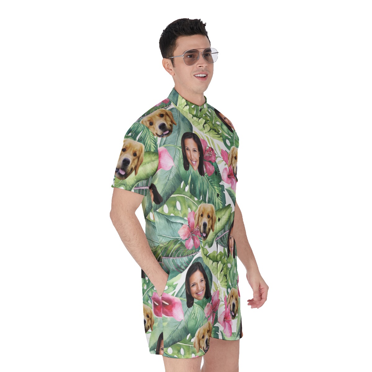 Custom Dog And Owner Face Tropical Hawaiian Romper For Men