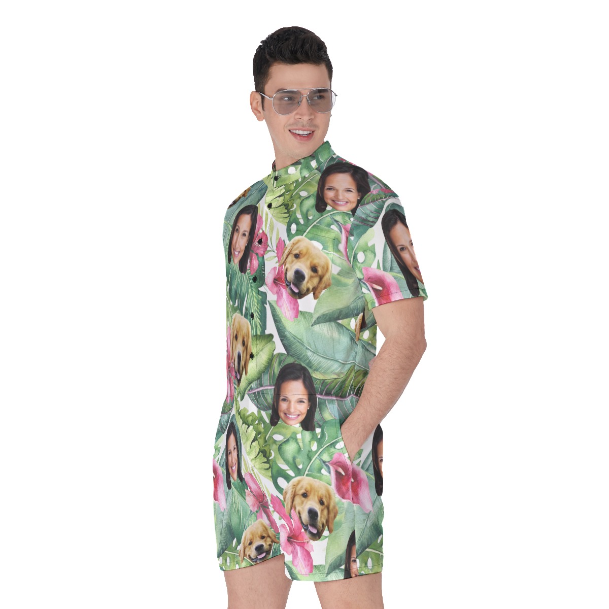 Custom Dog And Owner Face Tropical Hawaiian Romper For Men