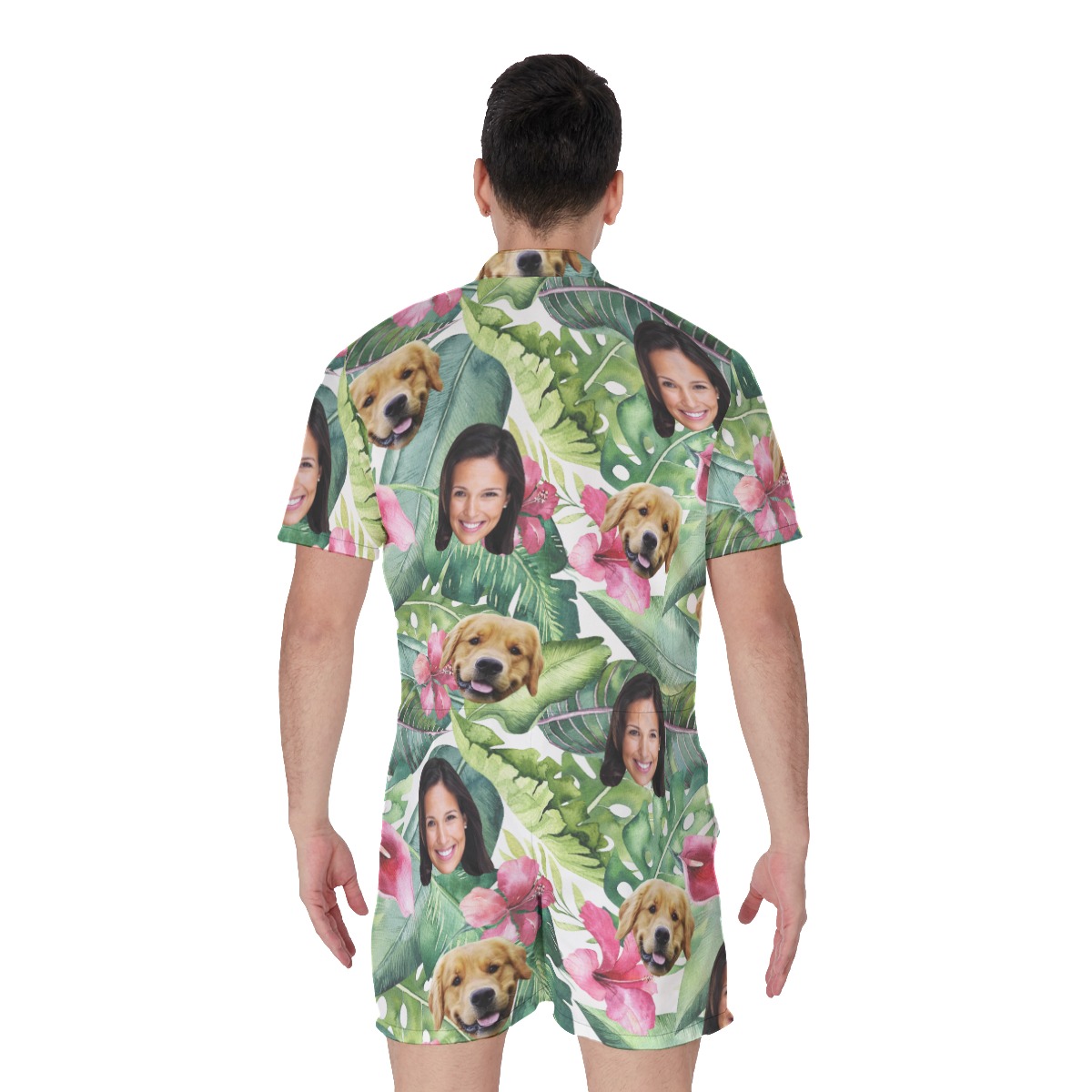 Custom Dog And Owner Face Tropical Hawaiian Romper For Men