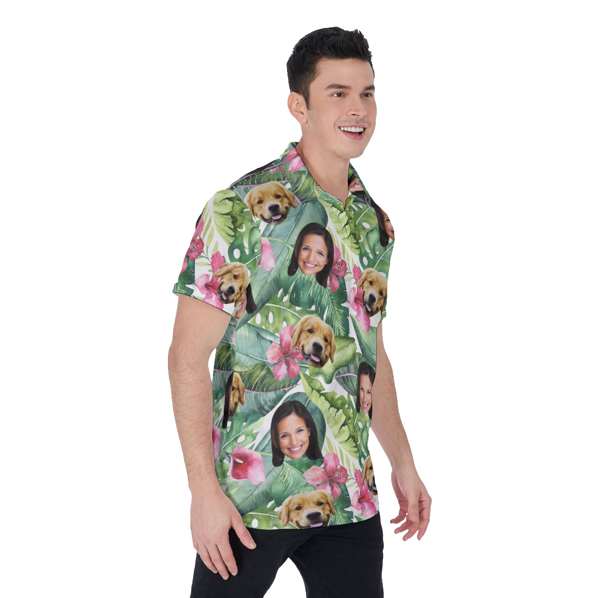 Custom Face And Dog Tropical Polo Hawaiian Shirt For Men