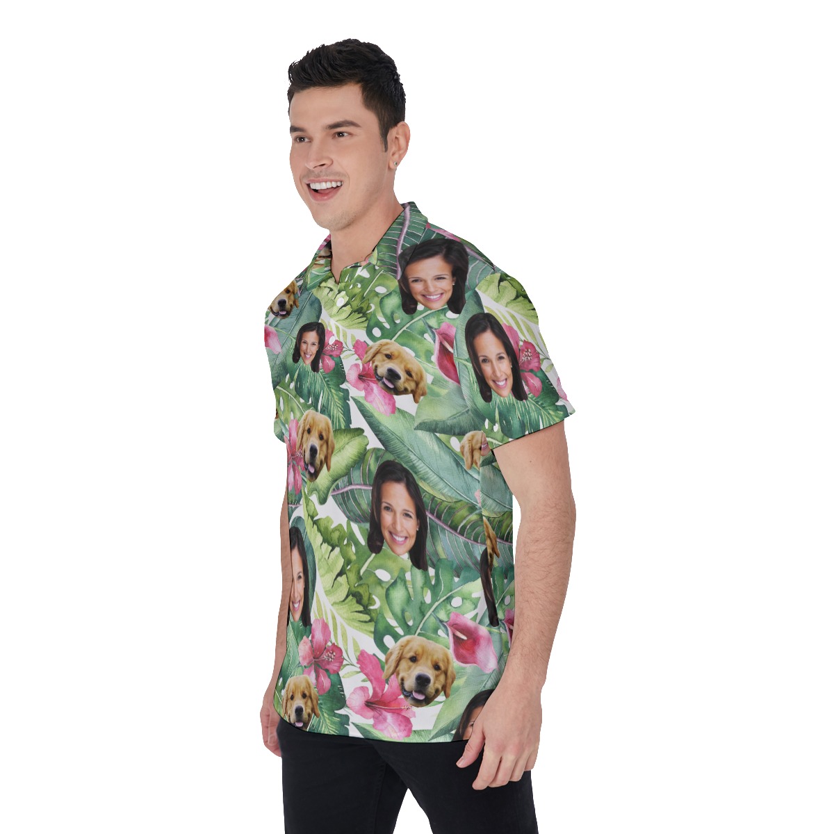 Custom Face And Dog Tropical Polo Hawaiian Shirt For Men
