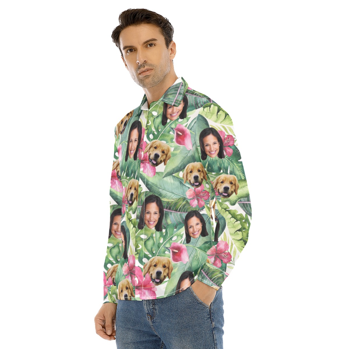 Men's Custom Face And Dog Tropical Long Sleeve Hawaiian Shirt