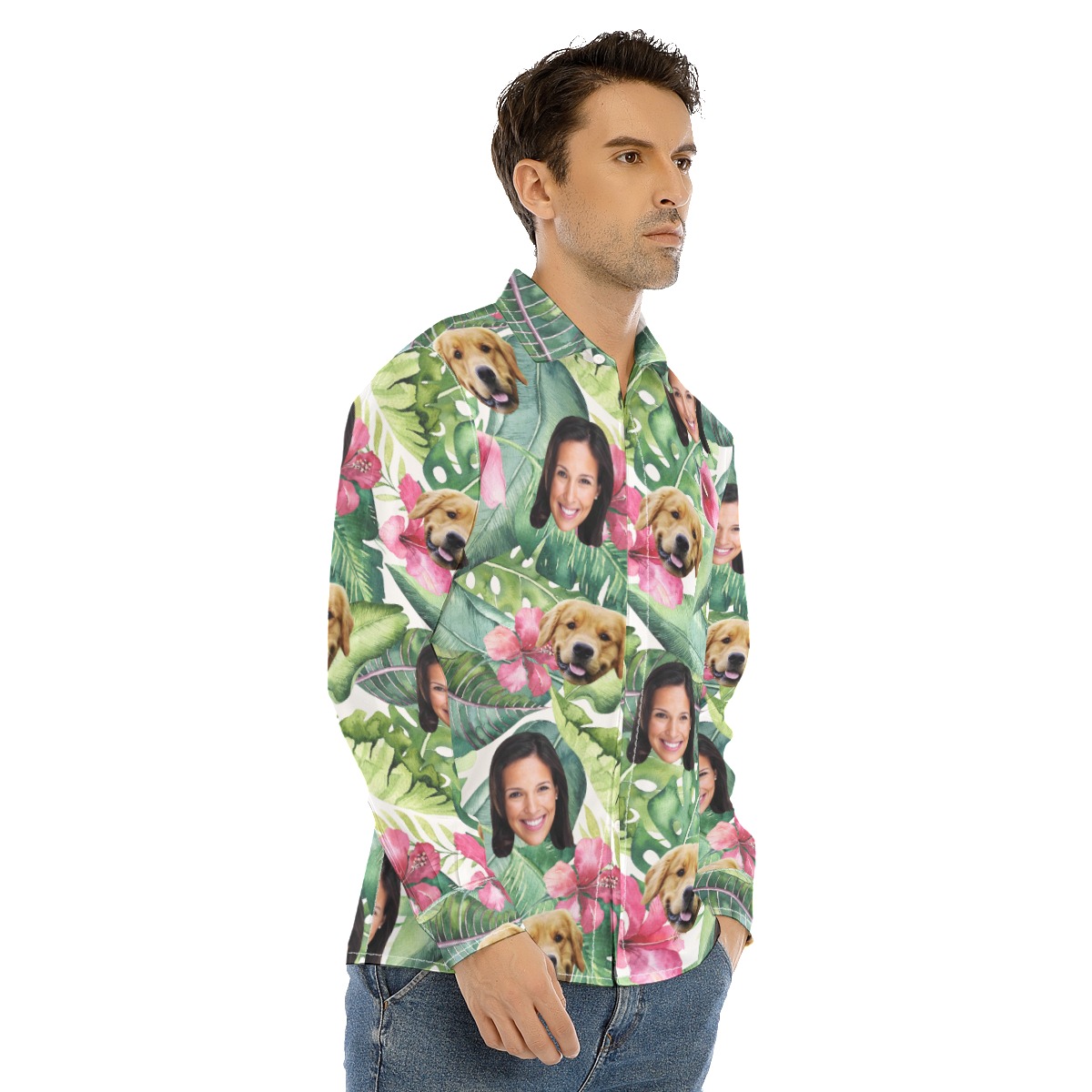 Men's Custom Face And Dog Tropical Long Sleeve Hawaiian Shirt