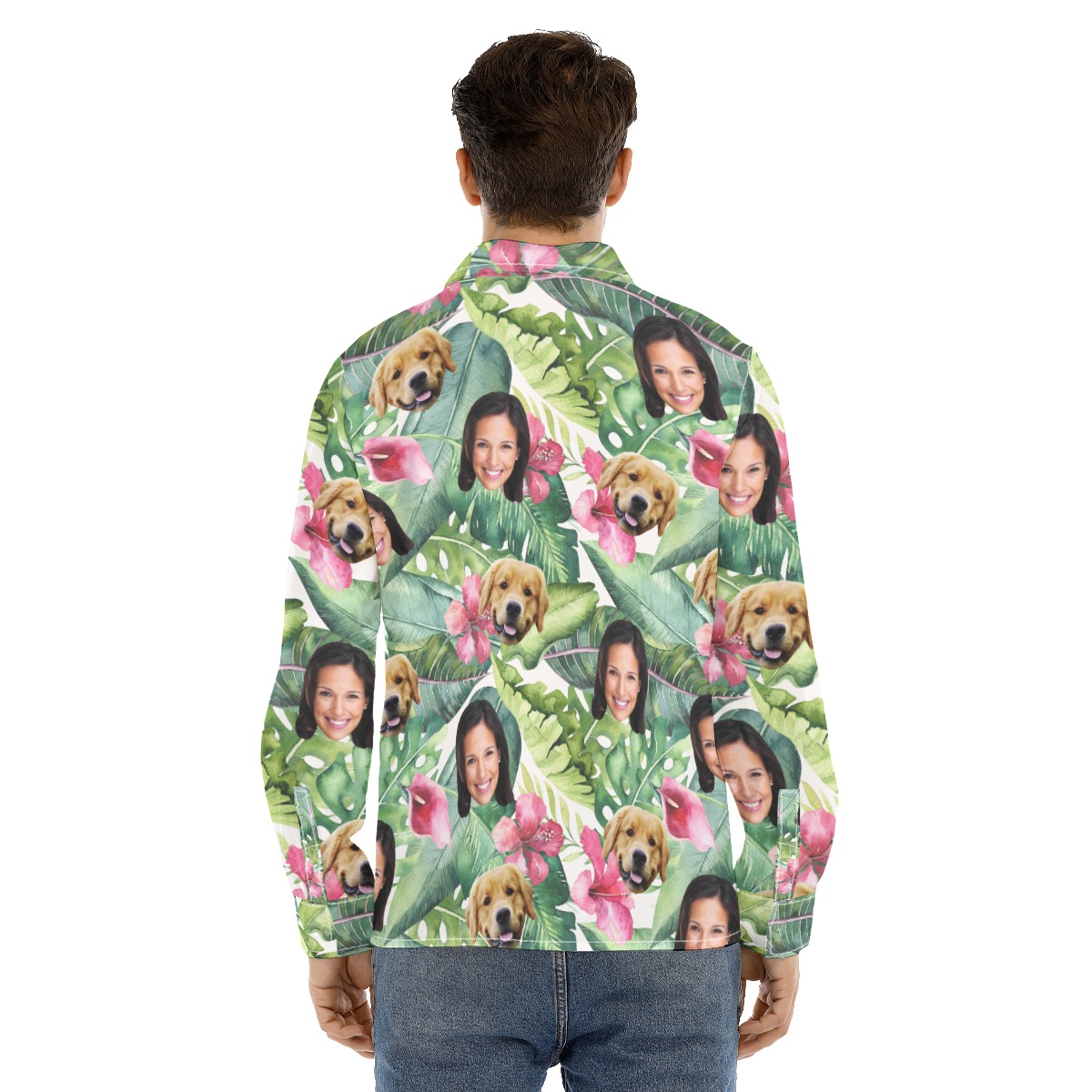 Men's Custom Face And Dog Tropical Long Sleeve Hawaiian Shirt