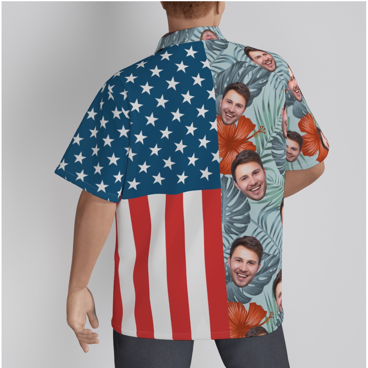 Floral Patriotic Custom Face Blue Hawaiian Shirt