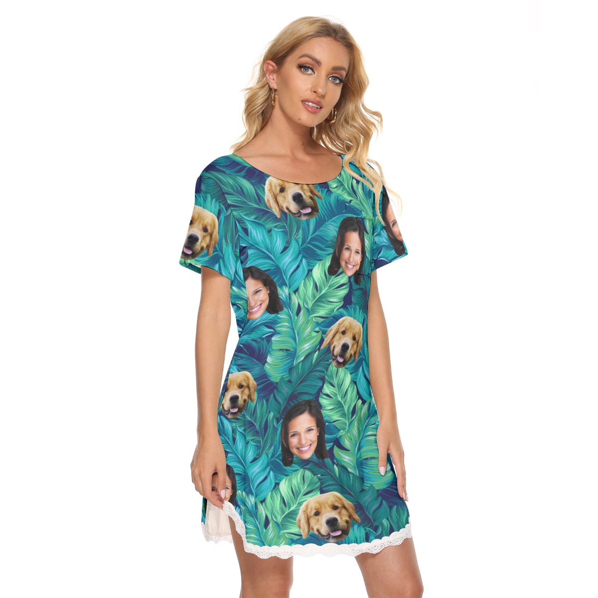 Custom Dog And Owner Tropical Hawaiian Lace Dress For Women