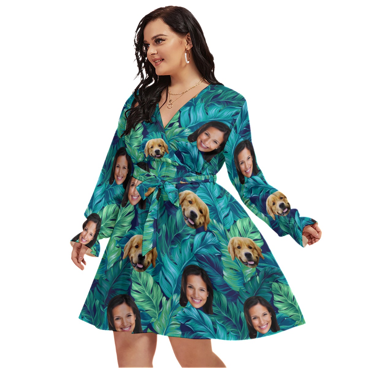 Tropical Personalized With Dog Hawaiian V-neck Oversized Dress