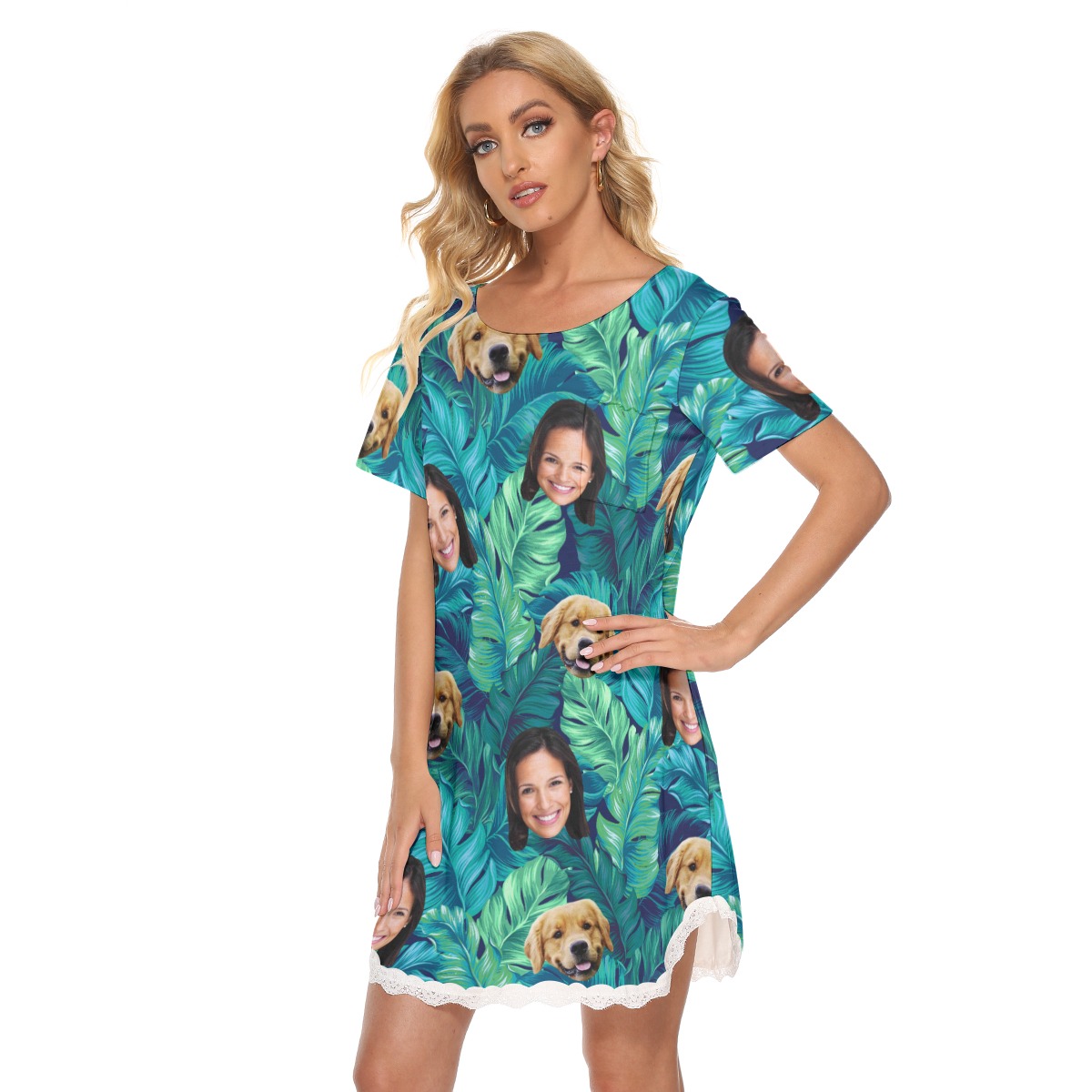 Custom Dog And Owner Tropical Hawaiian Lace Dress For Women