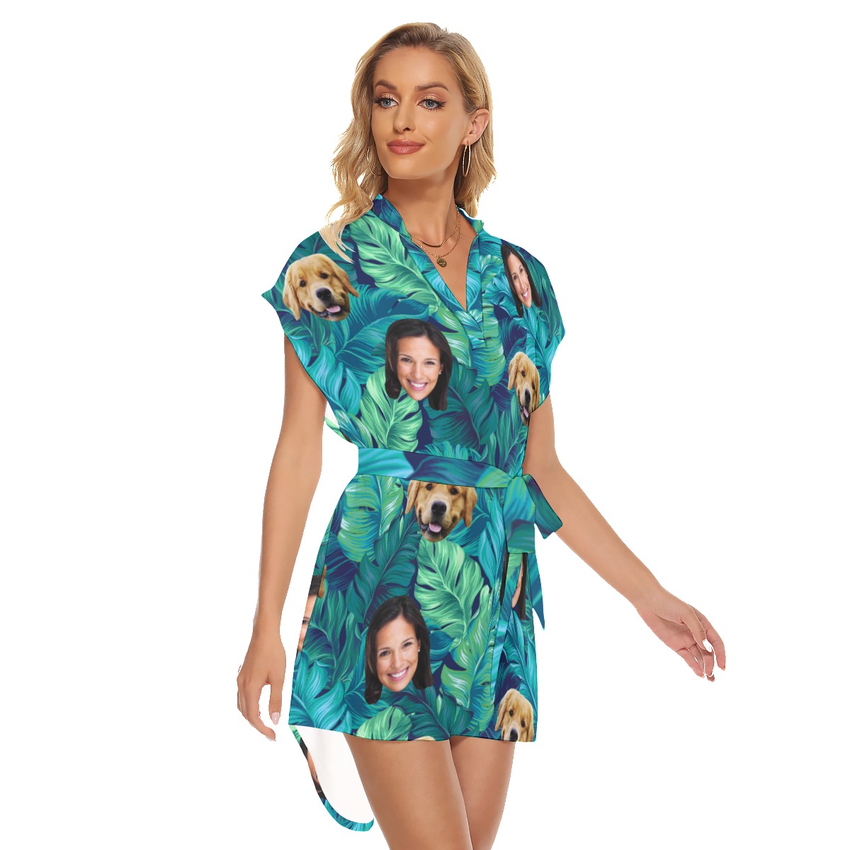 Women's Tropical Customize And Dog Hawaiian Dress With Belt
