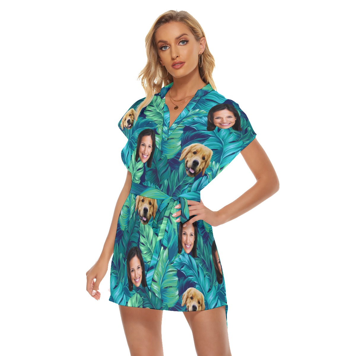Women's Tropical Customize And Dog Hawaiian Dress With Belt