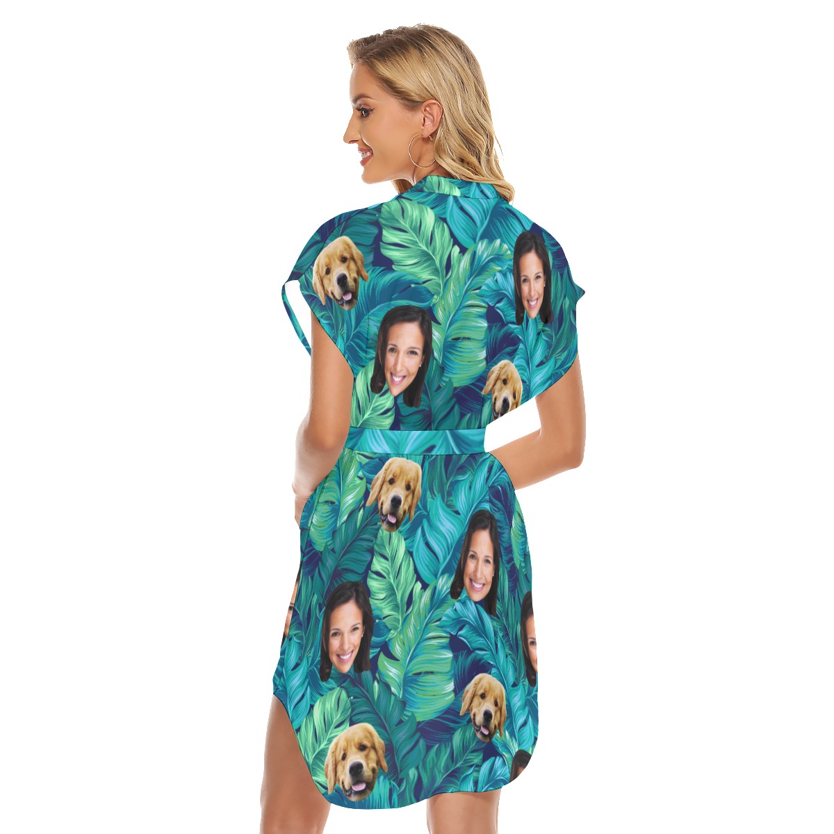 Women's Tropical Customize And Dog Hawaiian Dress With Belt