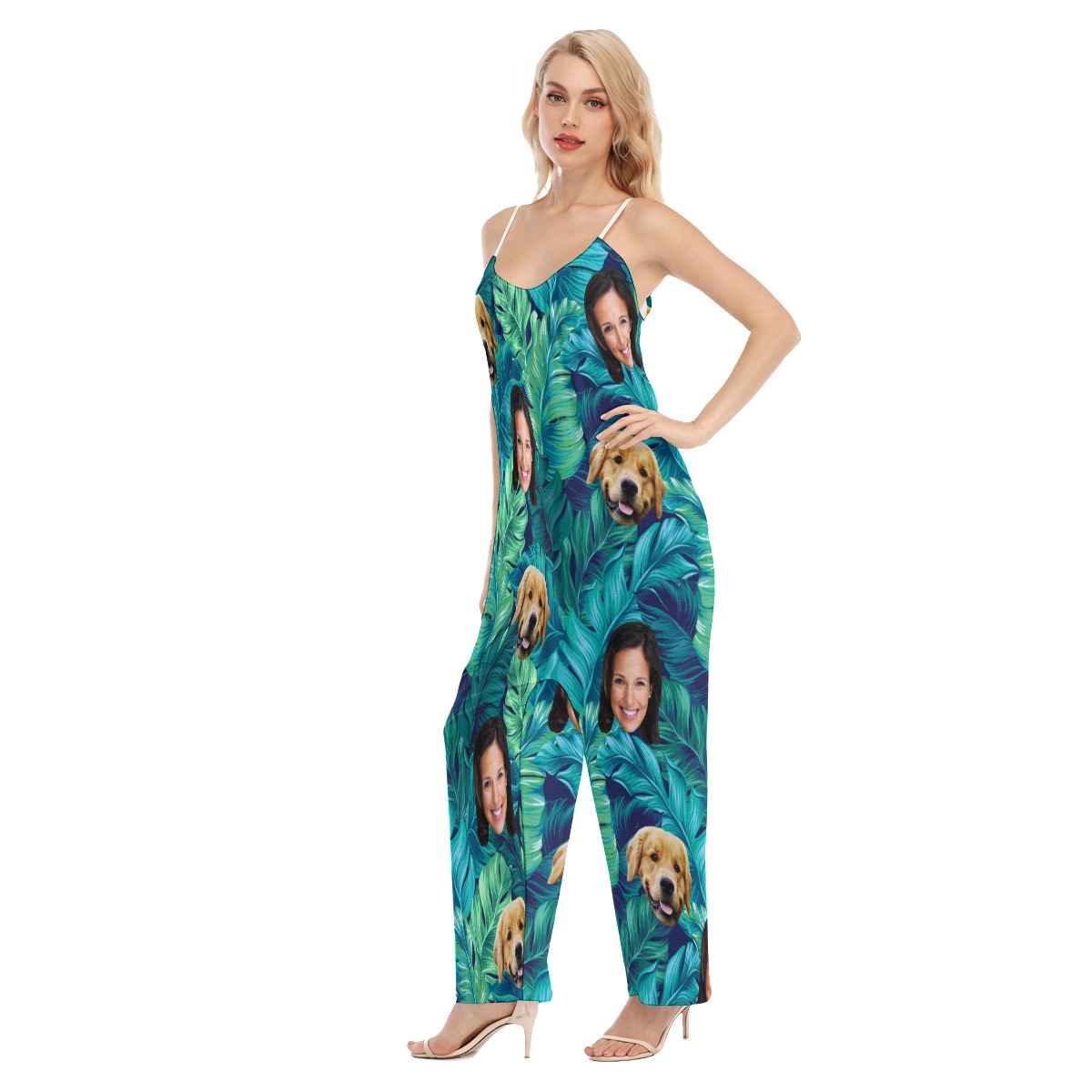 Custom 2 Faces With Dog Tropical Women's Hawaiian Jumpsuit