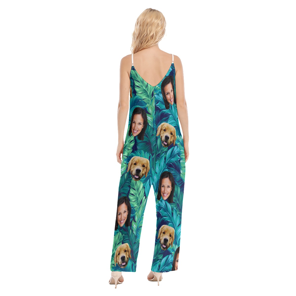 Custom 2 Faces With Dog Tropical Women's Hawaiian Jumpsuit