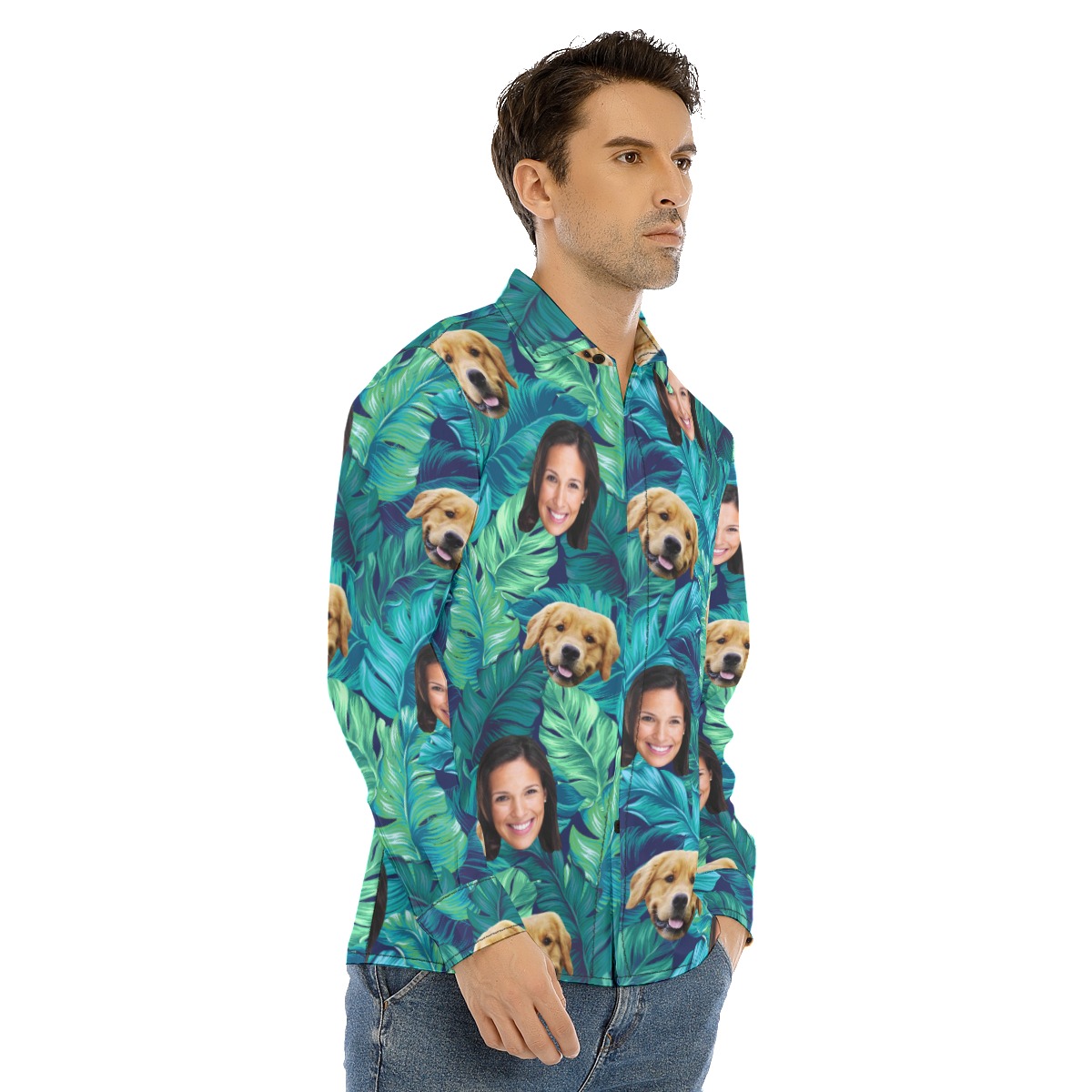 Men's Custom Face And Dog Long Sleeve Hawaiian Shirt