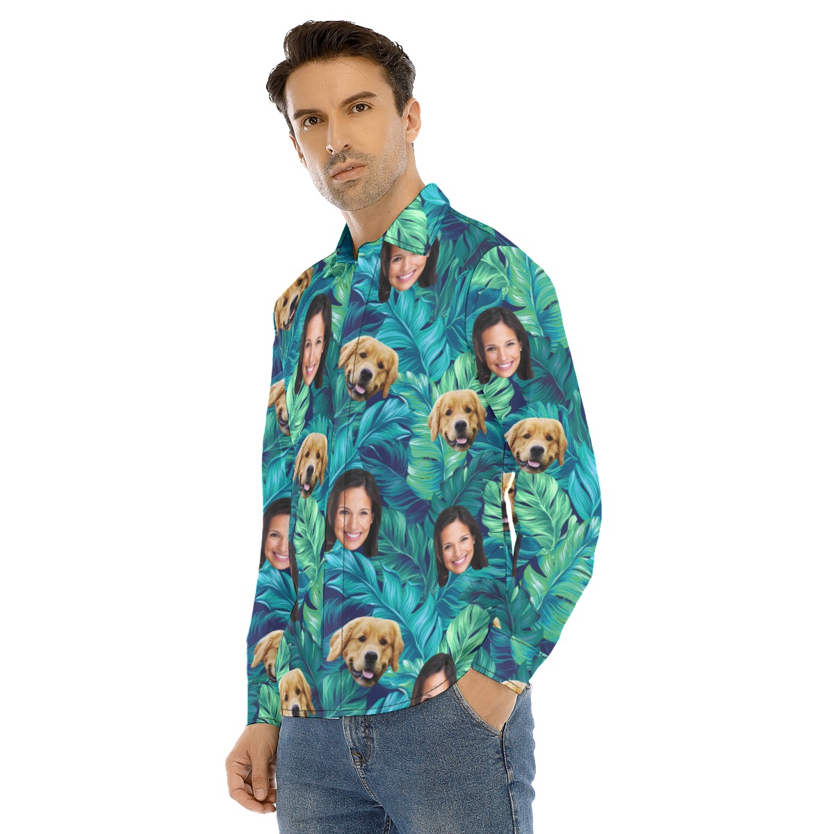 Men's Custom Face And Dog Long Sleeve Hawaiian Shirt
