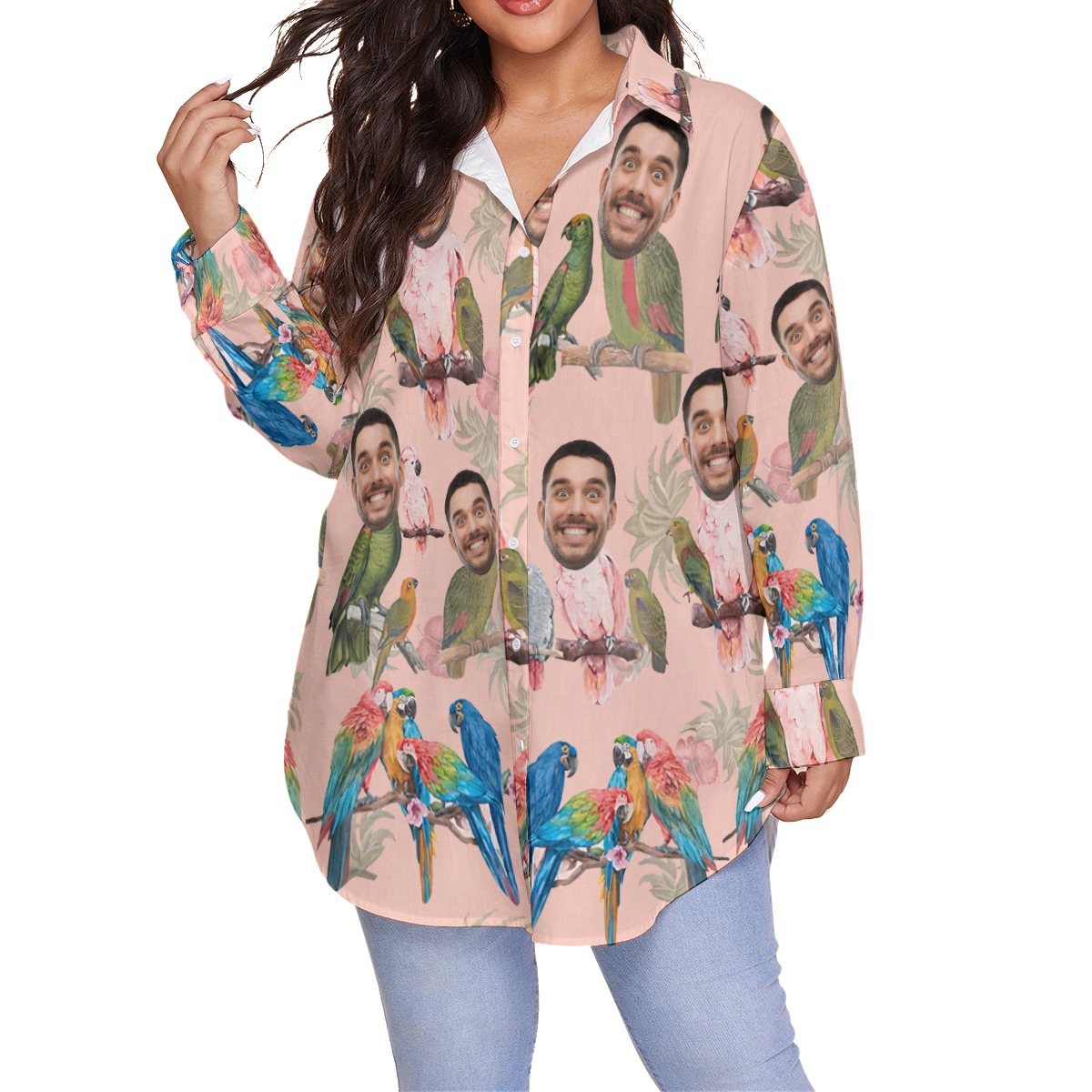 Funny Custom Face Tropical Parrots Hawaiian Plus Size Shirt - variant image 1
